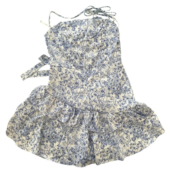 Floral Print Layered Tiered Ruffle Hem Halter Mini Dress Blue White NWT sz M Zip - Picture 9 of 16